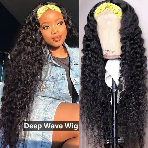 Headband Wigs Human Hair Deep Wave Kinky Curly Human Hair Wigs 180% No Lace No Glue Machine Made Wig Beginner Friendly Curly Wigs