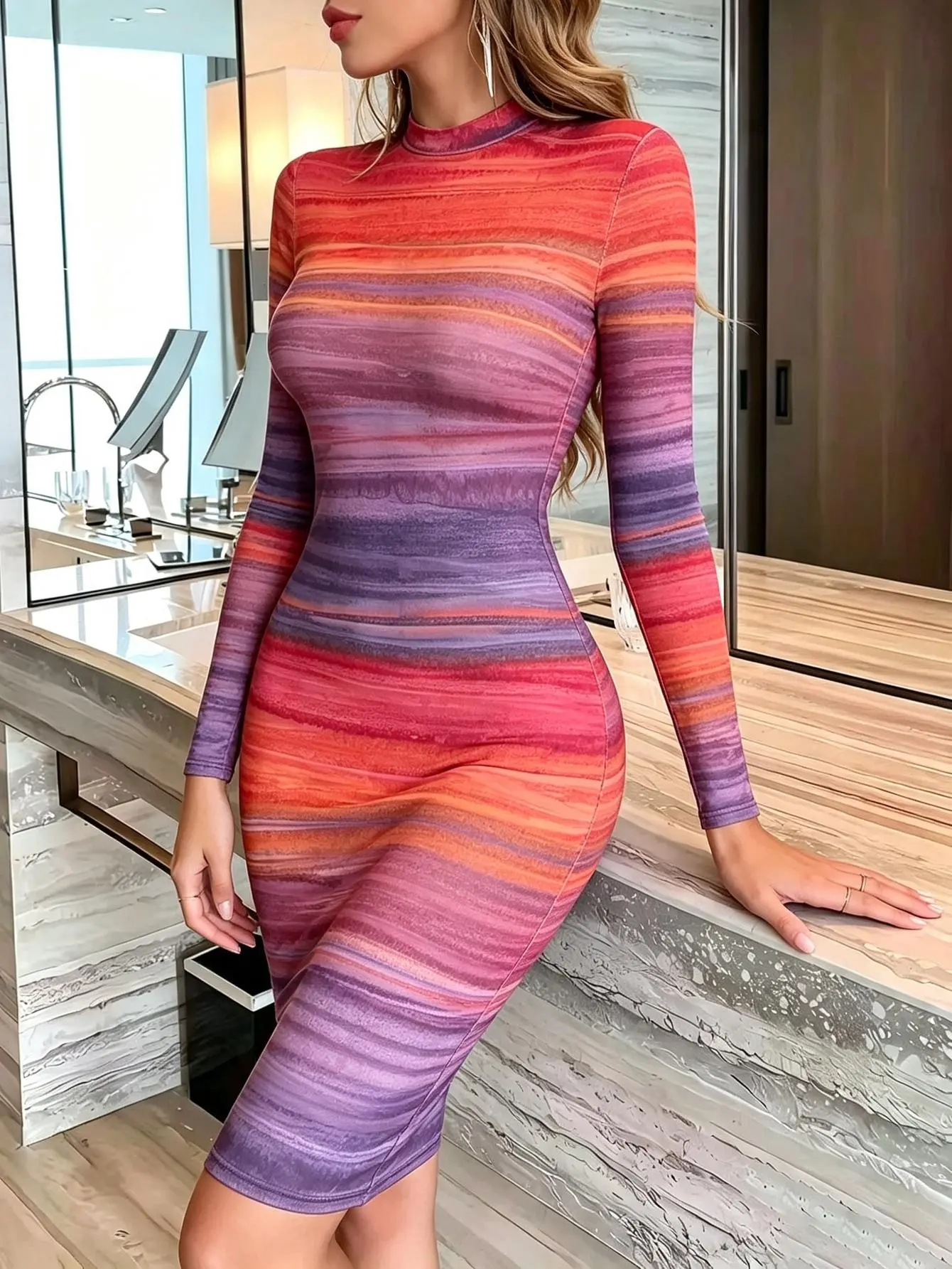 Plus-size women’s long-sleeve gradient striped slim-fit midi dress with a fashionable mock neck—a figure-flattering, bodycon, hip-hugging design suitable for dates, nightclubs, parties, and everyday casual wear; elegant womenswear. Summer Ruched