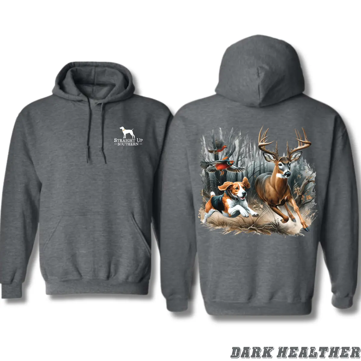 Straight Up Southern Hunting Hoodie – Buck, Beagle & Birds Graphic, Perfect for Deer Hunters and Outdoorsmen Who Live the Wild Life Menswear Sweatshirts