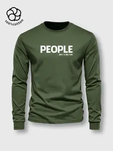 1pc, Men's Pure Cotton Crew Neck Long Sleeve T-Shirt, Ribbed Cuffs, Moderately Thick Fabric, "PEOPLE...NOT A BIG FAN" Print, Unisex All-Season Versatile Casual Basic Top, Perfect Holiday Gift