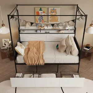 Twin Size Canopy Bed Frame with 3 Drawers & Storage Headboard Metal Platform Bed with Charging Station & Sturdy Slats, No Box Spring Needed, for Living Room, Bedroom , White