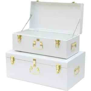 Vixdonos Decorative Metal Box Storage Trunks Set of 2 College Dorm Chest with Lock Hole,23.7X14.2X9.5 Inches(White)