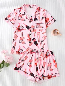 Women's All Over Print Shirt & Shorts Pyjama Two-piece Set, Comfy Short Sleeve Collared Top & Shorts PJ Set, Ladies Sleepwear for All Seasons, Pajama Set