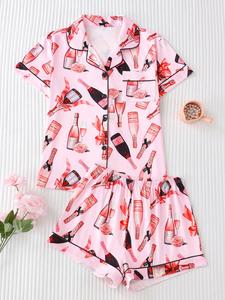 women's all over print shirt & shorts pyjama two-piece set, comfy short sleeve collared top & shorts pj set, ladies sleepwear for all seasons, pajama sets women, pajamas, loungewear