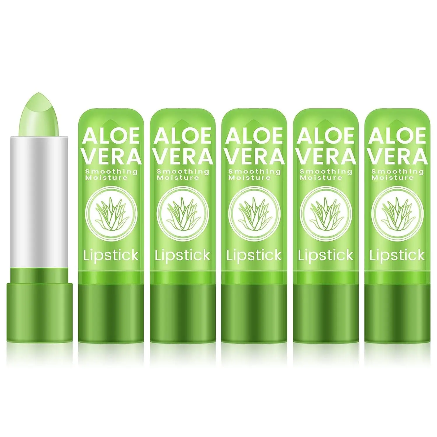 5 Pcs Aloe Vera Lip Balm, PH Color Changing Lipstick, Change from Green to Natural Pink, Deep Hydrating Tinted Lip Balm, Daily Lip Moisturizer for Dry Cracked Lips, with Real Aloe Vera