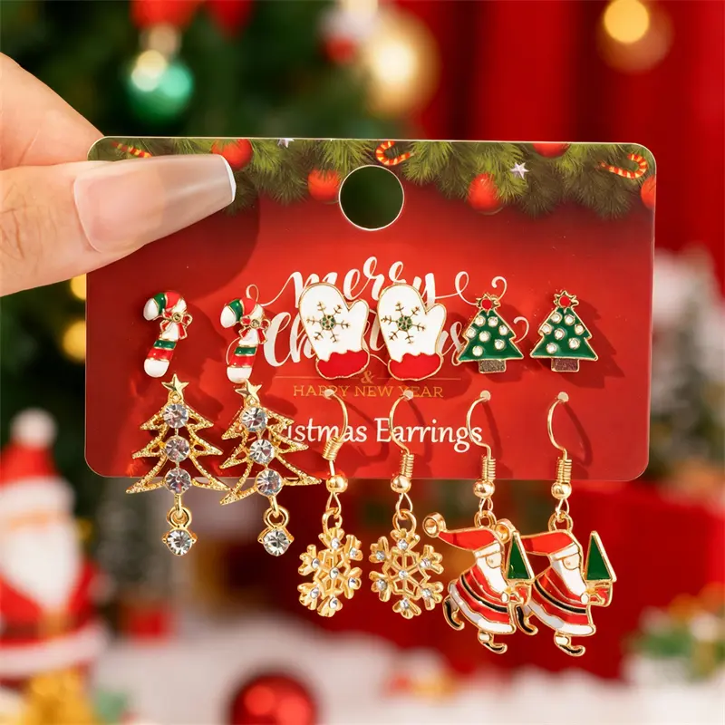 6 Pair Christmas Combination Earrings Set for Women Shiny Zircon Xmas Tree Snowflake Elk Santa Claus Earring Party Jewelry Gift