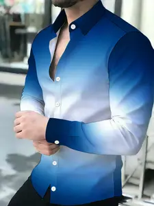Men's Long Sleeve Blue White Gradient Novelty Casual Shirt
