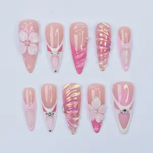 SPRING 10Pcs Handmade Press On Nails REUSABLE Gel Acrylic Nails, Roselle 3D Flowers & Iridescent Swirls | Pink Floral Fake Nails