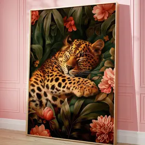 Sleeping Leopard Maximalist, Bold Green Dopamine Bedroom Poster, Kitsch Wild Animal Eclectic Floral Print O