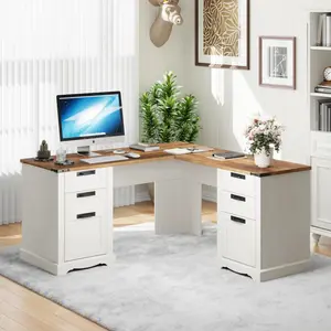 OKD Modern L-Shaped Desk - 6 Deep Drawers, Built-In Power Outlets, Home Office Workstation