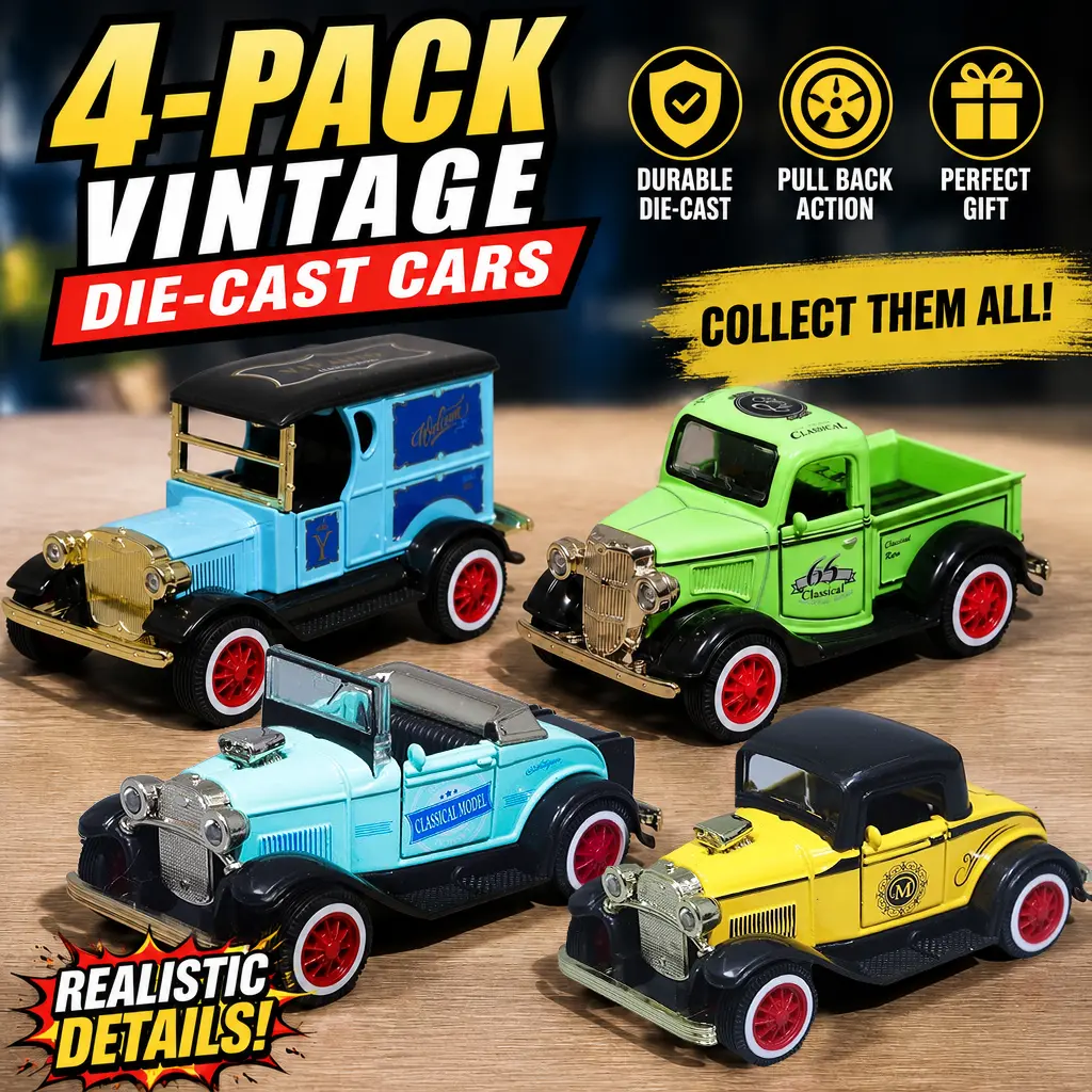 Vintage Q‑Version Pull Back Car, Die‑Cast Alloy Retro Pickup & Convertible Mini Model Toy with Lights & Moving Parts, Collectible Vehicle Gift for Boys Kids Ages 3‑6