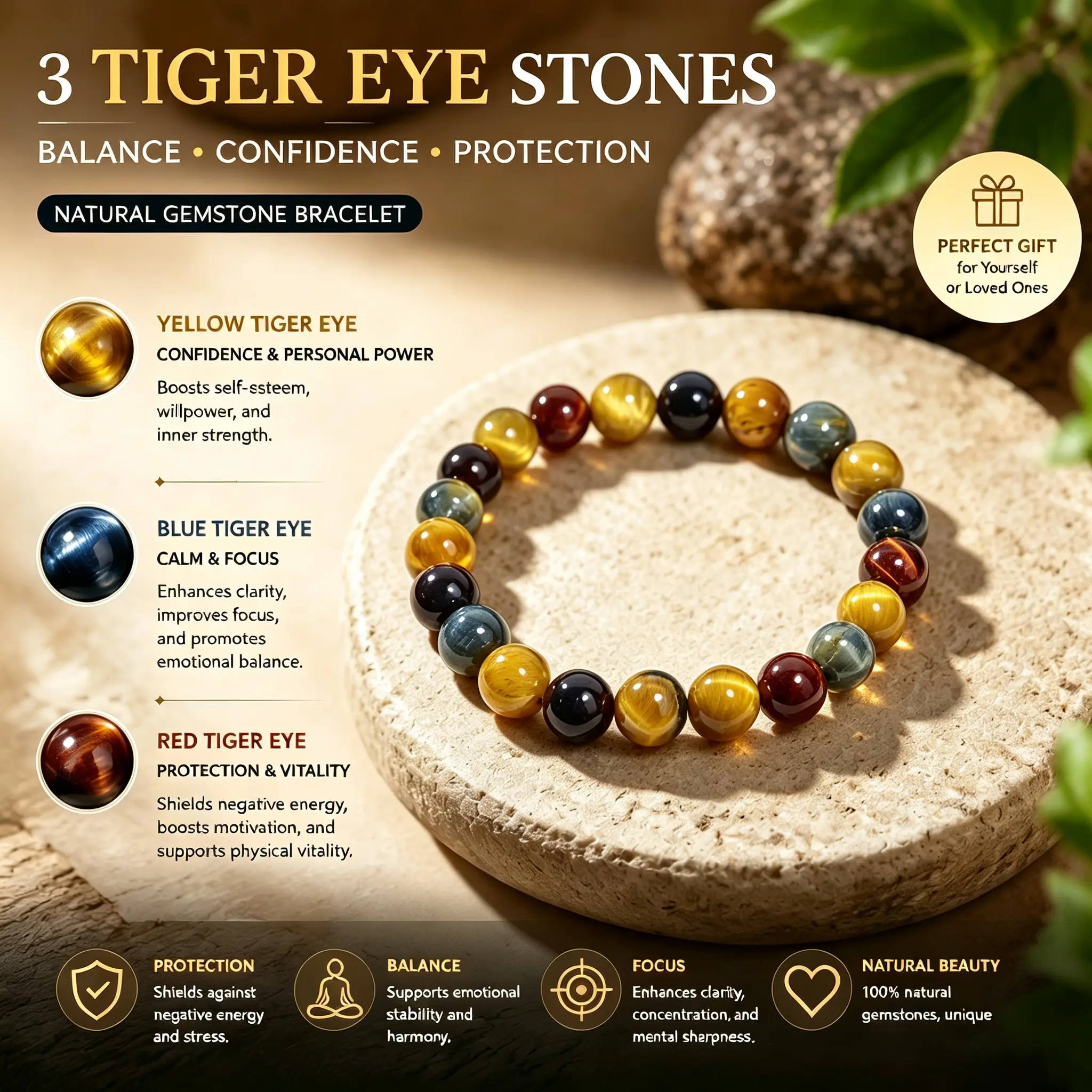 Natural Tiger's Eye Natural Healing Crystal Beaded Bracelet - 8mm Beads Triple Protection Jewelry, Anxiety-Relieving Accessory for Men and Women, Tiger's Eye Natural Crystal Bracelets & Anklets