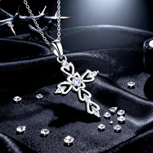 Rhinestone Cross PendantNecklace for Men & Women 18K gold-plated Eternal Bloom cross necklace with a heart-shaped floral design and imitation diamonds. Symbolizes love, Daily Clothing Decor, Trendy All-match &Exquisite Jewelry for Birthday Gift
