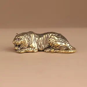 Small Tiger Statue Figurine, Brass Finish Ancient Design, Hollow Core, Detailed Carvings, Perfect for Bookshelf Decor & Birthday Gift, Decorative Figurines