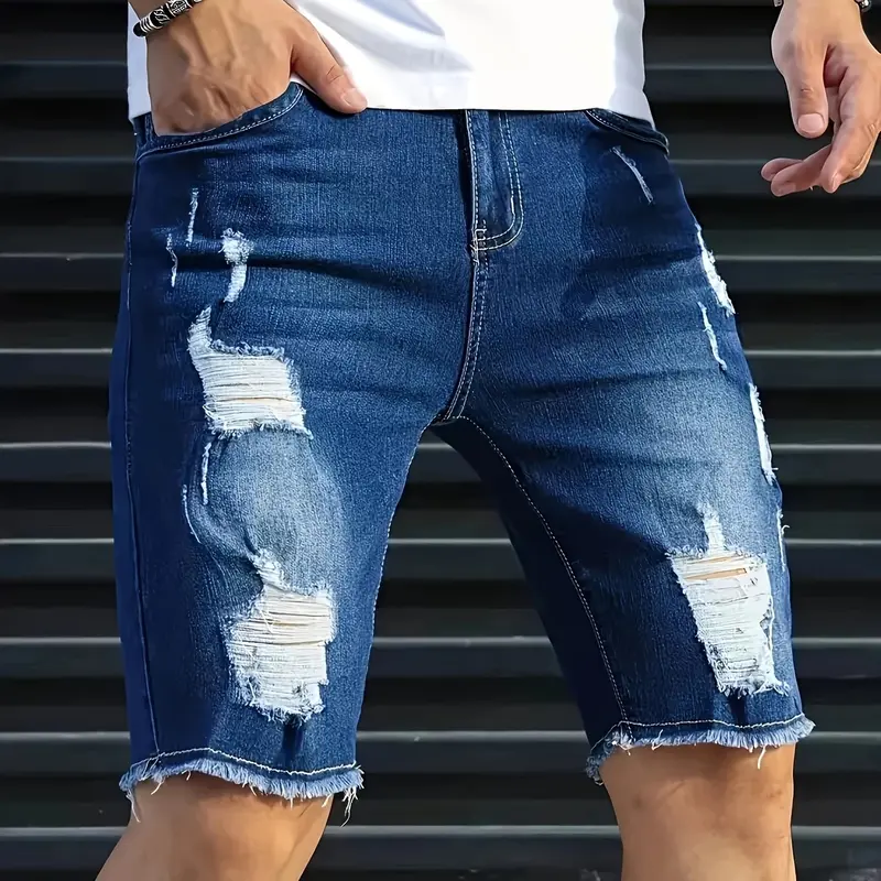 Men's Slim Fitted Light Blue Acid-Washed Distressed Denim Shorts - Vintage Clothing, Mid Waist, Frayed Fringe, Stretch Breathable Fabric, Summer Streetwear, Comfort Flex, Durable, Machine Washable