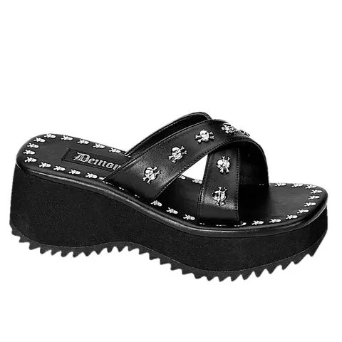 Demonia Flip-05 Women's Fashion Stylish Skull Print Platform Wedge Sandals with Studs, Trendy Footwear Shoe