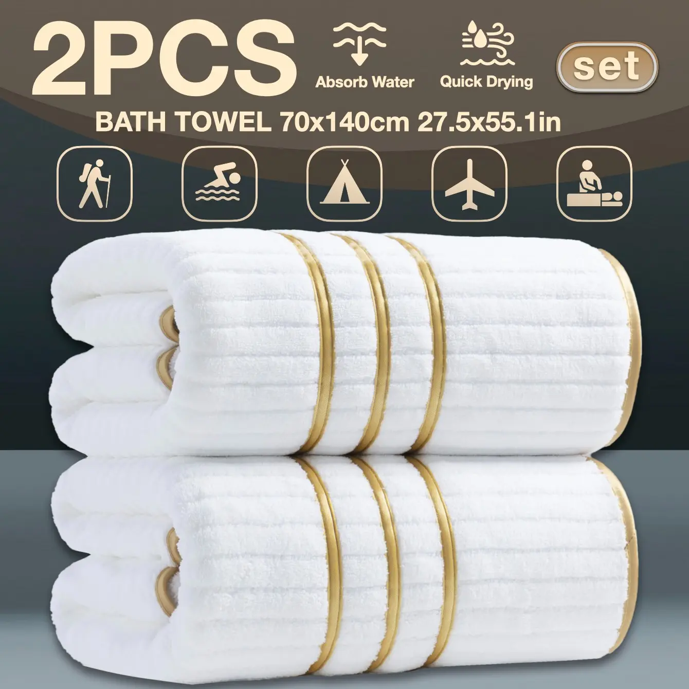 2-Pack Luxury Minimalist Gold Trim Embroidered Bath Towels, High-Density Ultra-Fiber Absorbent Soft Quick-Dry, Hotel Quality, Essential for Home/school/gym/spa