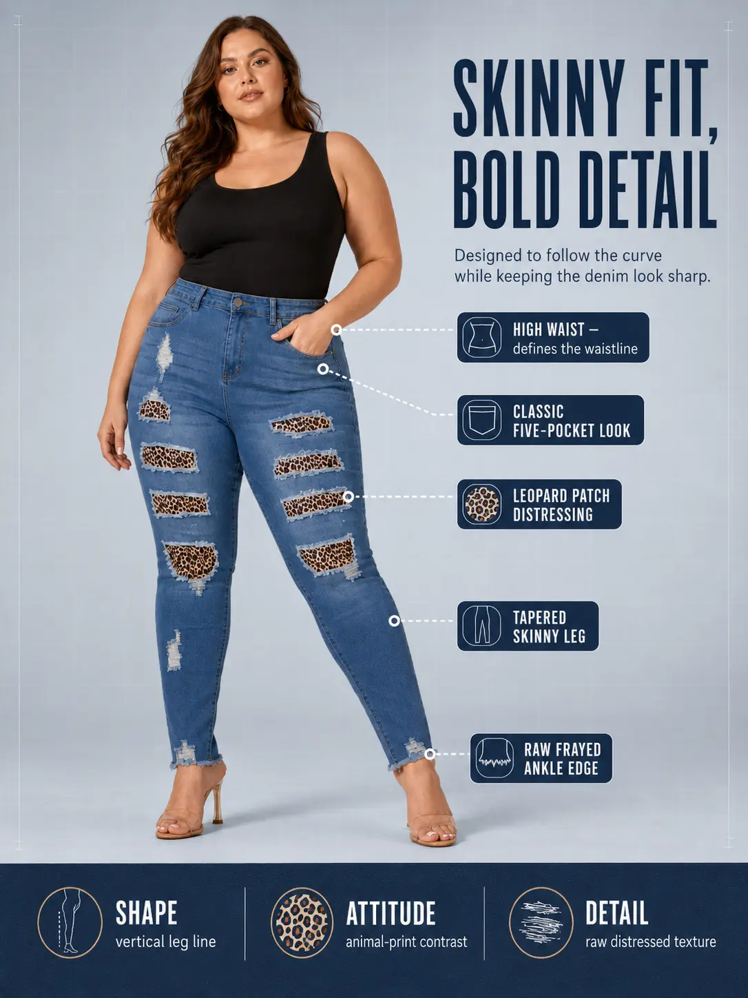 Women's Plus Size Leopard Animal Print Skinny Fit Jeans - High Waisted Medium Blue Elastane Denim Capri Pants with Leopard Patch, Distressed Details, Raw Frayed Hem, Plus Size Clothes for Holiday, 4Xl, Button, Fitted, Pockets, Everyday, Fabric, Streetwear