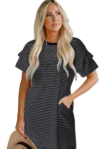 Women's Black Stripe Ruffled Short Sleeve Crew Neck Shift Mini Dress - 95% Polyester 5% Elastane Casual Short Sleeve Dress outdoorfun