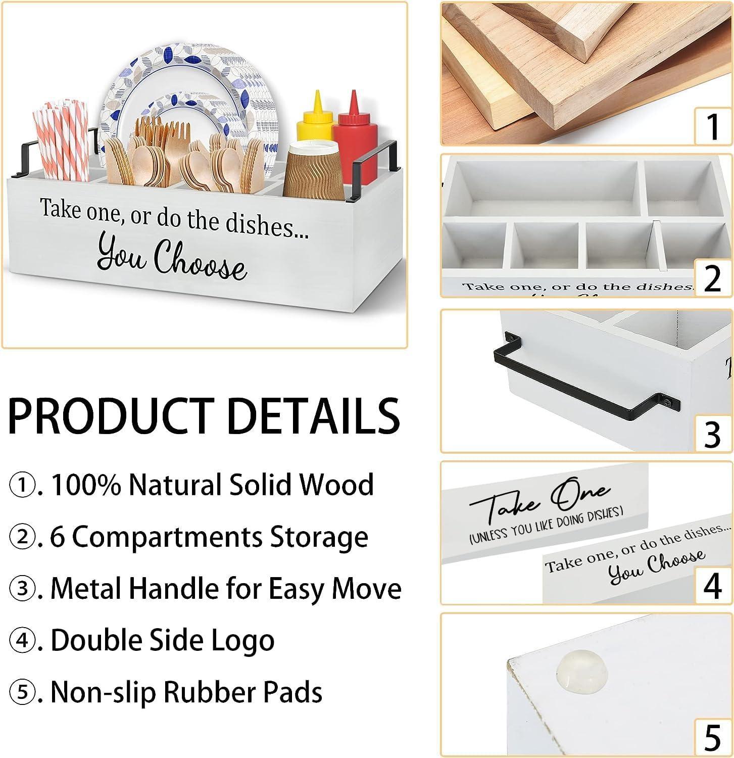 Paper Plate Holder for Kitchen Counter, Wood Utensil Caddy Paper Plater Dispenser under Cabinet, Silverware Holder for Party with Large Cup Holder holiday multifunctional organizer storage non-food contact multipurpose gift buy this must have portable bo