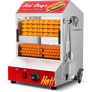 2-Tier Hot Dog Steamer Machine, 42.3QT Electric Hot Dog Steamer with Bun Warmer, Adjustable Temperature, Hot Dog Hut Steamer with Visible Glass Sliding Door, 235Hot Dogs & 50 Buns Capacity