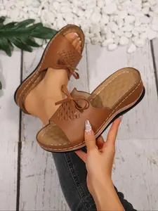 Women's Fashionable Solid Color Bowknot Design Slides, Casual Comfortable Thick Sole Slippers for Summer, Female All-match Round Toe Slippers for Daily Wear, Girl, Soft Slippers