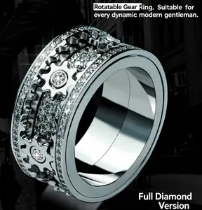 Full Diamond Rotating Gear Engagement Ring for Couples - Fashionable and Unique Jewelry