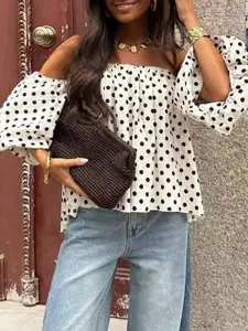 Women White Black Polka Dot Off Shoulder Blouse Loose Fit Smocked Neck Top Long Sleeve Flowy Shirt Boho Chic Summer Casual Streetwear Going Out Vacation Cute Blouse