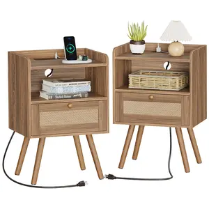 SUPERJARE Nightstands Set of 2, Night Stands with Charging Station & PE Rattan Decor Drawer, Bed Side Tables with Solid Wood Feet, End Table, for Bedroom, Living Room