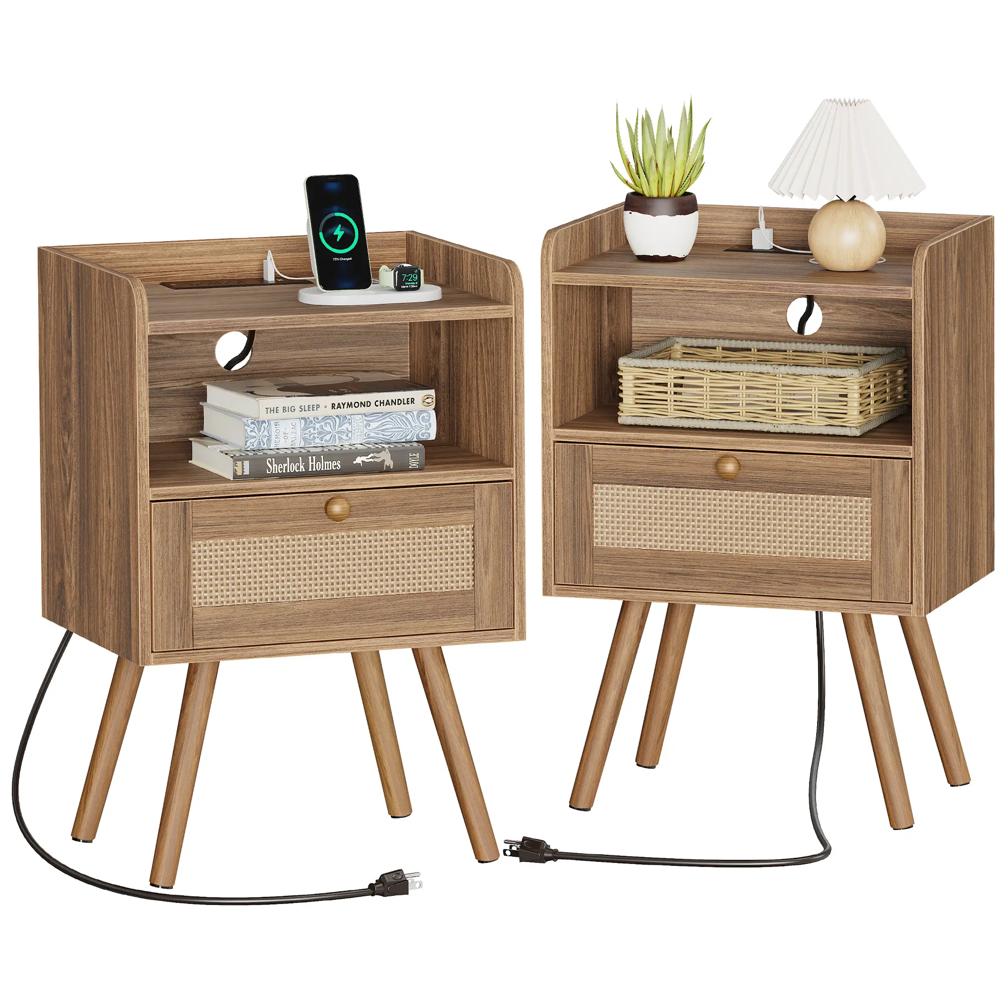SUPERJARE Nightstands Set of 2, Night Stands with Charging Station & PE Rattan Decor Drawer, Bed Side Tables with Solid Wood Feet, End Table, for Bedr