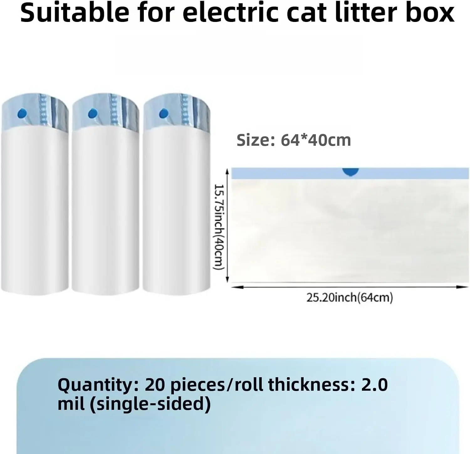 60 Count Cat Litter Bags & Litter Box Liners, 27.17" x 15.75" 40um Heavy Duty Drawstring Waste Bags for Automatic Litter Boxes, Leak-Resistant, 1 Rolls