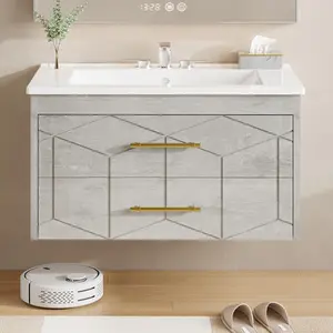 Modern Floating Bathroom Vanity Set with basin - 2 Spacious Storage Drawers - Gold Metal Handles - Wall Mounted Cabinet - Ceramic Vanity Top - Easy Assembly - Available in 24 or 36 Inch