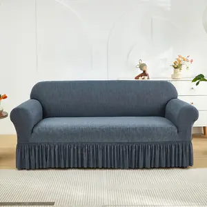 Solid Color Textured Elastic Sofa Cover with Skirt, Elastic Sofa Slipcover, Denim Blue Sofa Protector, Pet-Proof, All Seasons
