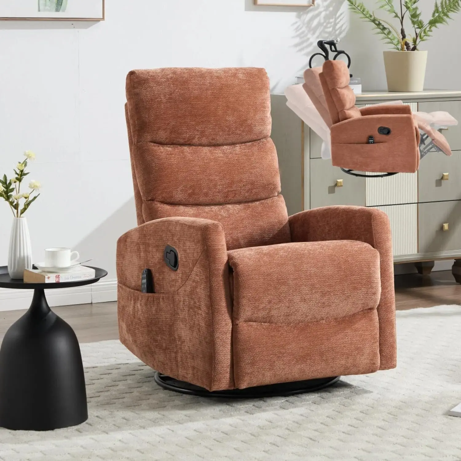 Massage Recliner Chair with Heat - 360 Swivel Rocker Recliner, 8-Point Vibration & Lumbar Heat, Manual 155° Recline, Plush Chenille Fabric, Medium-Firm Seat, for Living Room (Orange)