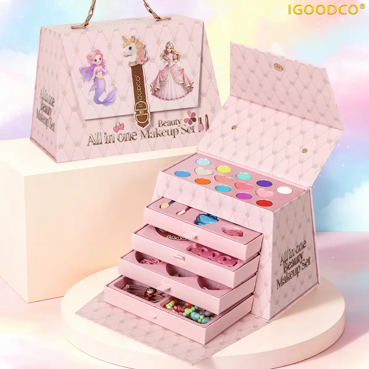 IGOODCO IG3337 Girls' Safe Non-Toxic Makeup Box Set, Multi-Functional Princess Look Cosmetics with Multiple Shades, Kids' Birthday Christmas Gift