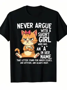 2026 Men's Angry Cartoon Cat Graphic T-Shirt Funny Quote Black Tee for Cat Lovers Casual Crewneck Soft Breathable Fabric Machine Washable