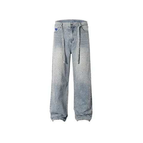 Aelfric Eden Women's High Waisted Rhinestone Crystal Basic Minimalist Cotton Fabric Jeans - 2000s Aesthetic, Casual, Streetwear, Oversized Loose Straight Wide Leg Leg Pants with Pockets