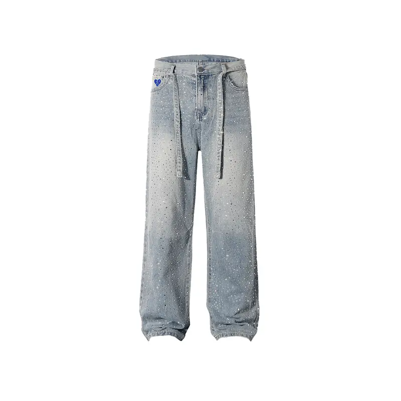 Aelfric Eden Women's High Waisted Rhinestone Crystal Basic Minimalist Cotton Fabric Jeans - 2000s Aesthetic, Casual, Streetwear, Oversized Loose Straight Wide Leg Leg Pants with Pockets,sohochic