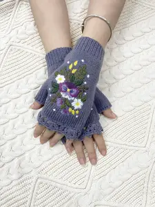 Women's Fall Winter Boho Floral Knit Gloves, Slim-Fitting Half Finger Decorative Mitts, Warm Yarn Gloves with Vintage Countryside Style