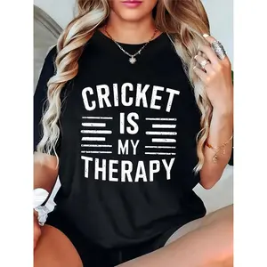 Women's "Cricket Is My Therapy" T - Shirt, Casual Short Sleeve Tee for Cricket Fans, Sports Enthusiasts, Daily Wear & Match Day Outfits (Black) 100% Cotton T-shirt