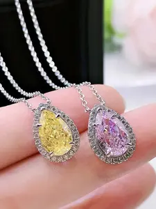 Women's luxury yellow Synthetic crystal pink zirconia water drop stone pendant necklace, vintage silver color, wedding jewelry for women