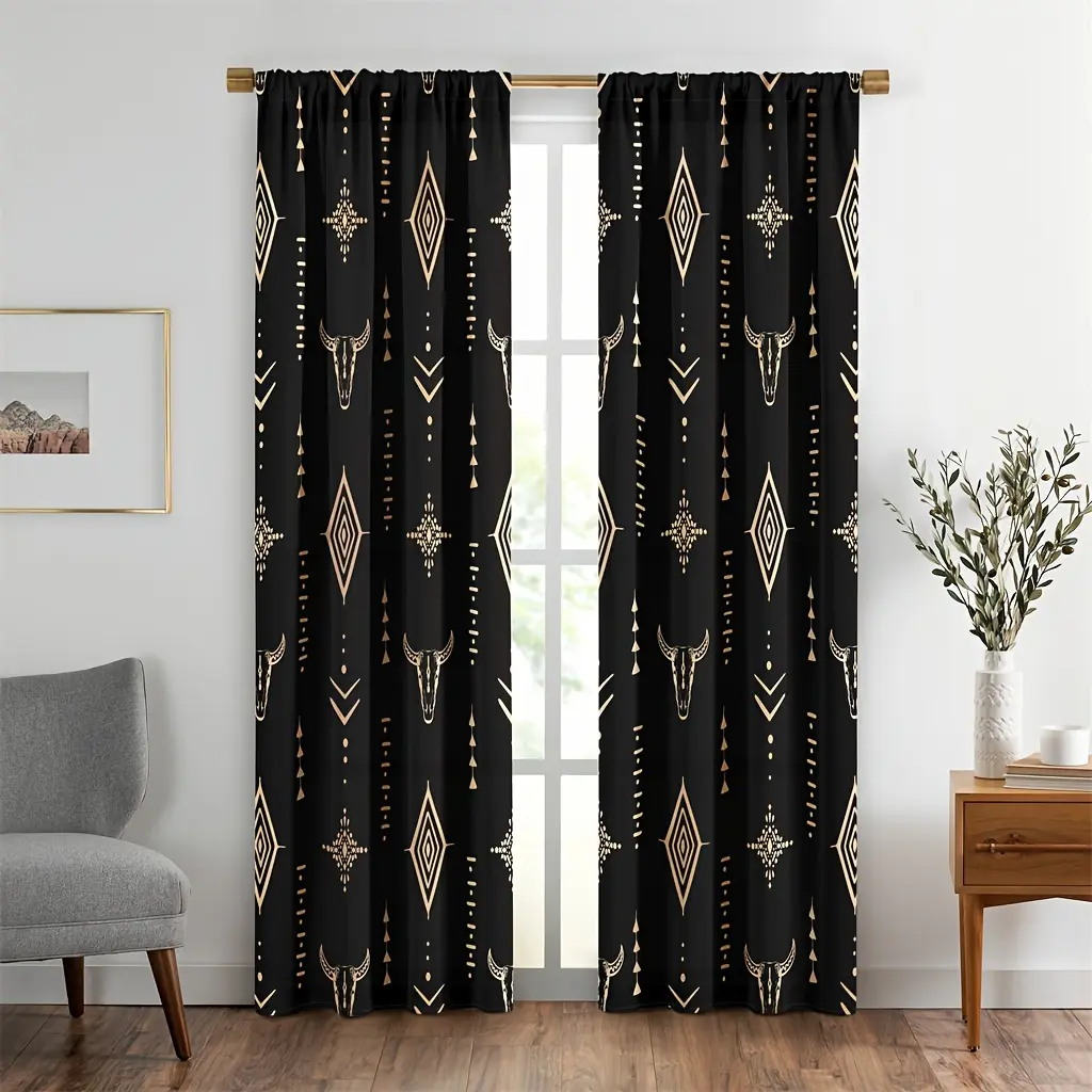 2-Piece Western Rustic Polyester Curtains - Bull Skull Print, Southwestern Tribal Aztec Cowboy Theme, Vintage Bohemian Farmhouse Decor for Bedroom Living Room