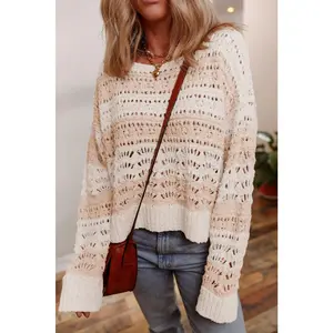 Pink Hollow-out Colorblock Drop Shoulder Casual Sweater