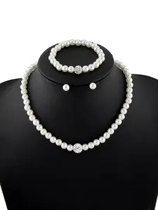 Fashion Vintage Rhinestone Pearl Embellished Necklace Bracelet Earrings Set, Elegant Jewelry for Women, Perfect Gift Idea