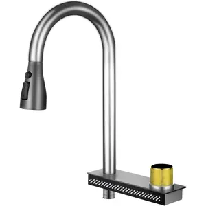 Brushed Nickel Kitchen Faucets with Pull Down Sprayer Waterfall Raining Wide Out Let Stainless Steel Pull Out Kitchen Faucet 1 Hole Commercial RV Laundry Utility Kitchen Faucet