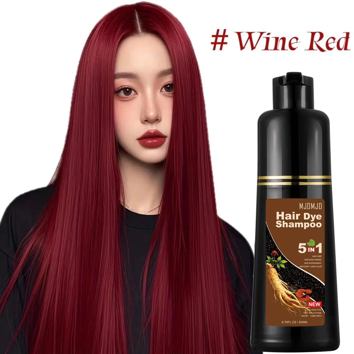 Wine Red Herbal Hair Dye Shampoo 5 in 1, 200 ml for Gray Hair Grey Coverage Shampoo for Women Men,3-4 Weeks Long-Lasting Smooth Shiny Finish, Easy Home Use for All Hair Types