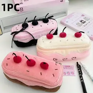 Cherry Cake Plush Soft Texture Pencil Case, Pen & Makeup Bag, Large Capacity Portable Storage Travel Desktop Organizer, Cute Cartoon Design, Stationery Office Supplies