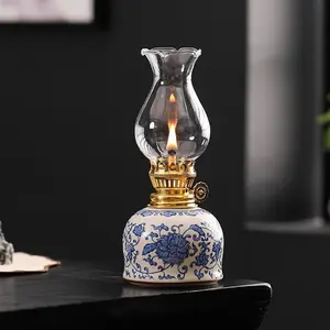 Outdoor Camp Lamp Camping Oil Lantern (no Oil), Blue-And- Porcelain Hand-Painted Floral Vintage Kerosene Lamp