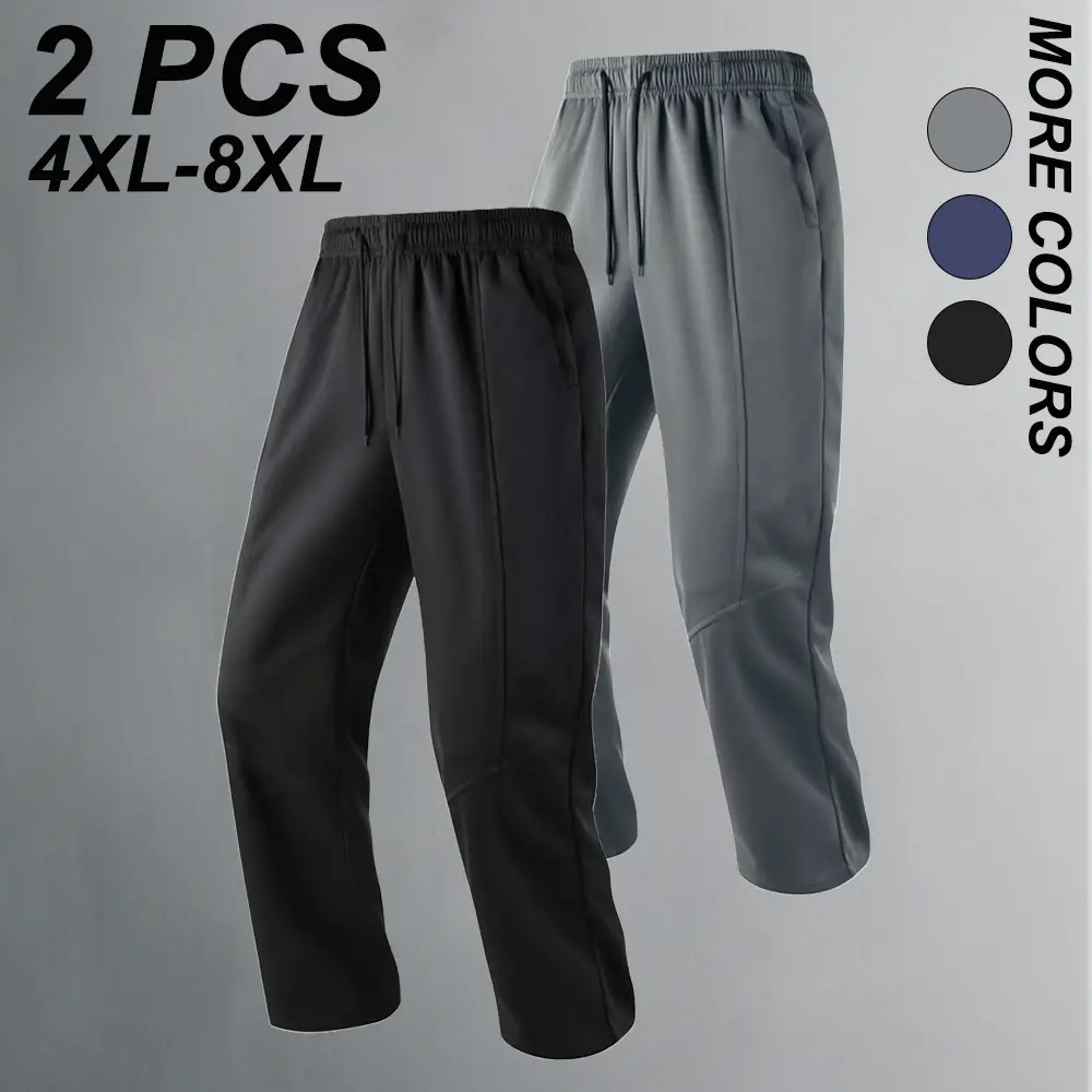 Plus-size men’s loose casual straight sweatpants—comfortable, breathable athletic long pants with a drawstring elastic waistband; the waist drawstring is adjustable for a secure fit. Solid color, versatile for everyday wear, commuting, and relaxing at hom