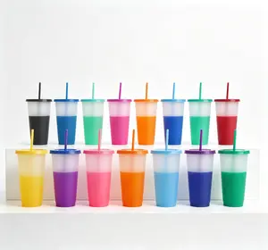 10 reusable 24-ounce leak-proof color-changing plastic cups with lids and straws, suitable for any cold drinks, iced coffee, and juice, perfect for beach parties and family gatherings. Drinkware Pour